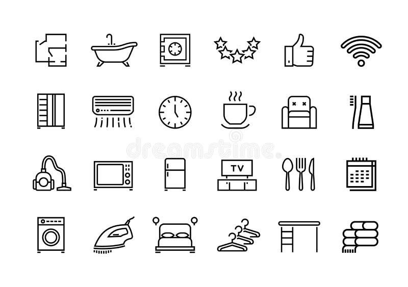 Hotel line icons. Kitchen utensils bathroom with hot water room size WiFi available date and rating. Vector travel hostel categories for service modern hotels with wardrobe toiletries fridge bed. Hotel line icons. Kitchen utensils bathroom with hot water room size WiFi available date and rating. Vector travel hostel categories for service modern hotels with wardrobe toiletries fridge bed