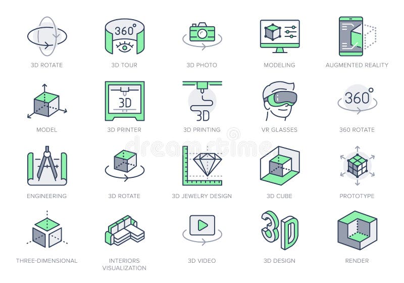 3d vr design line icons. Vector illustration included icon - virtual augmented reality, glasses, ar simulator, printer, prototype outline pictogram for ar. 64x64 Green Color Editable Stroke. 3d vr design line icons. Vector illustration included icon - virtual augmented reality, glasses, ar simulator, printer, prototype outline pictogram for ar. 64x64 Green Color Editable Stroke.