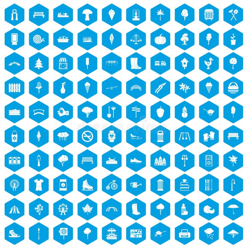 100 park icons set in blue hexagon isolated vector illustration. 100 park icons set in blue hexagon isolated vector illustration