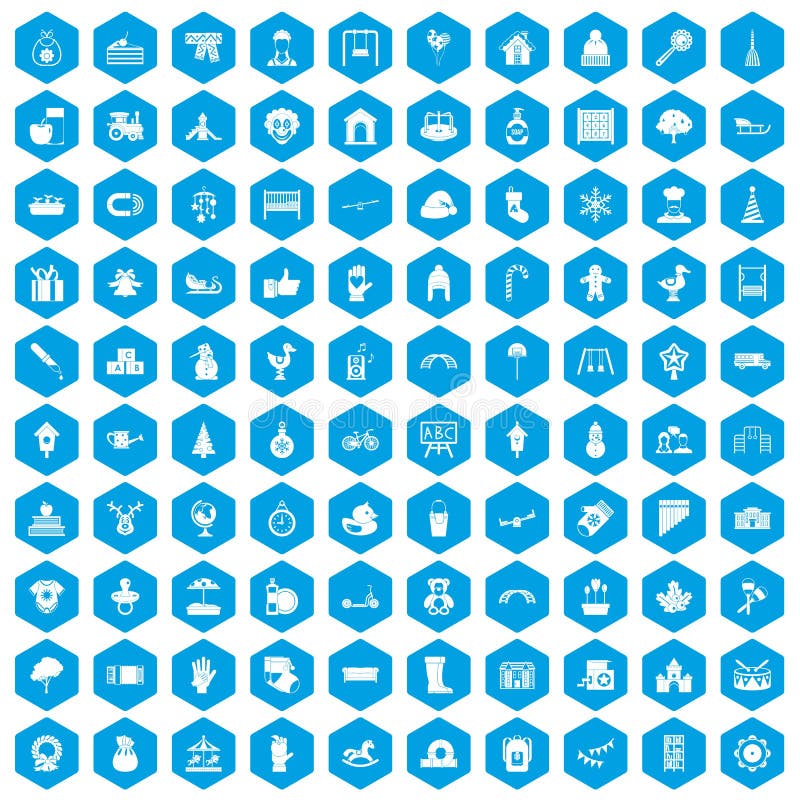 100 kindergarten icons set in blue hexagon isolated vector illustration. 100 kindergarten icons set in blue hexagon isolated vector illustration