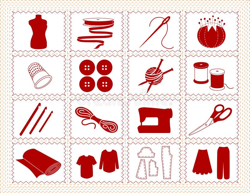 Icons for sewing, tailoring, dressmaking, needlework, quilting, darning, textile arts, crafts & do it yourself projects in stitchery frame. EPS8 organized in groups for easy editing. Icons for sewing, tailoring, dressmaking, needlework, quilting, darning, textile arts, crafts & do it yourself projects in stitchery frame. EPS8 organized in groups for easy editing.