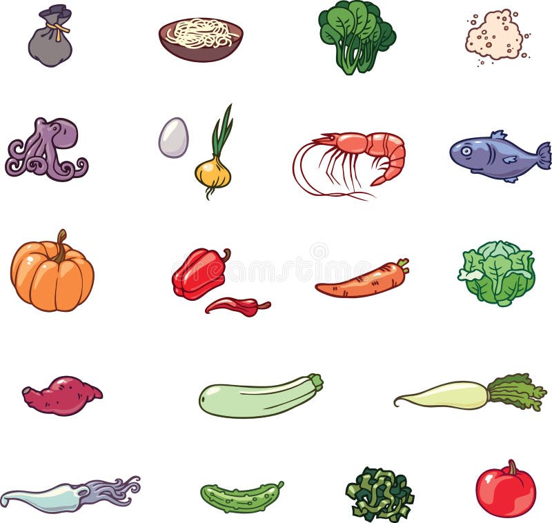 The set of the food products illustrations. There are the vegetables, the sea food, the noodles and the others. The set of the food products illustrations. There are the vegetables, the sea food, the noodles and the others.