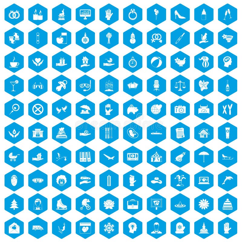 100 joy icons set in blue hexagon isolated vector illustration. 100 joy icons set in blue hexagon isolated vector illustration