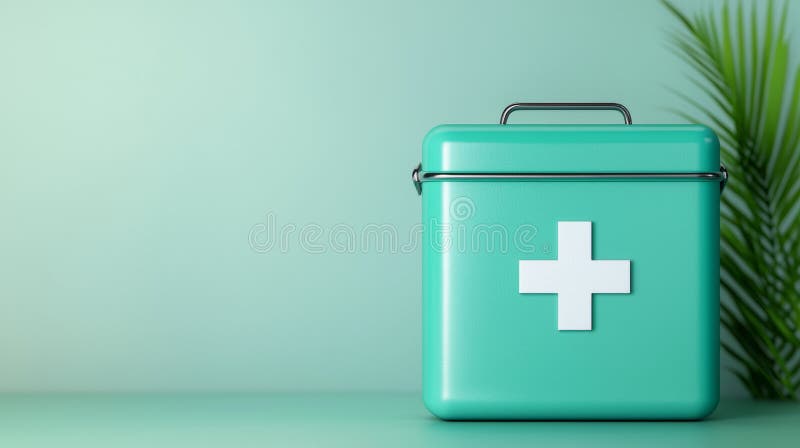 Εικονίδιο 3D ενός κιτ πρώτων βοηθειών για μαλακή παστέλ σε ανοικτό φόντο με πράσινο φυτό διανυσματική απεικόνιση