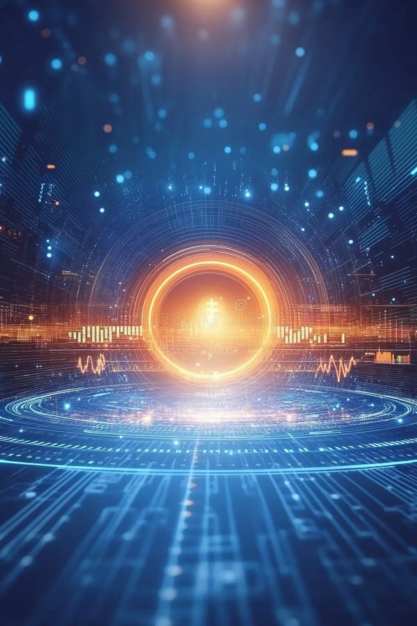 εικονίδιο fintech σε δυναμικό μπλε φόντο με κινούμενα δυαδικά γραφήματα κώδικα και σύμβολα ψηφιακών νομισμάτων. απεικόνιση αποθεμάτων