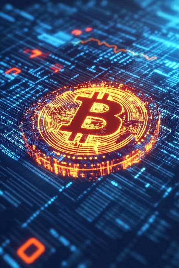 εικονίδιο fintech σε δυναμικό μπλε φόντο με κινούμενα δυαδικά γραφήματα κώδικα και σύμβολα ψηφιακών νομισμάτων. ελεύθερη απεικόνιση δικαιώματος