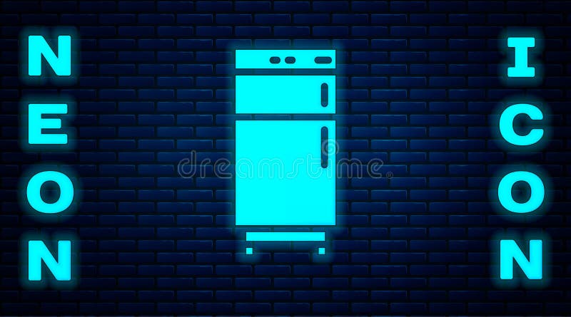 Εικονίδιο Neon Neon που λάμπει απομονωμένο στο φόντο του τοίχου από τούβλα Ψυγείο ψυγείου Οικιακή τεχνολογία και διανυσματική απεικόνιση