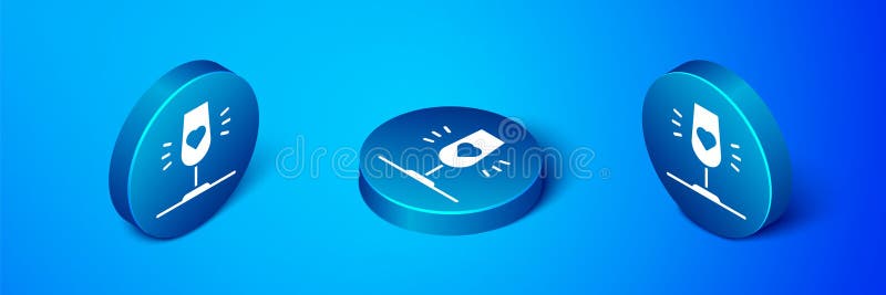 Isometric Wine glass icon isolated on blue background. Wineglass sign. Favorite wine. Blue circle button. Vector. Isometric Wine glass icon isolated on blue background. Wineglass sign. Favorite wine. Blue circle button. Vector.