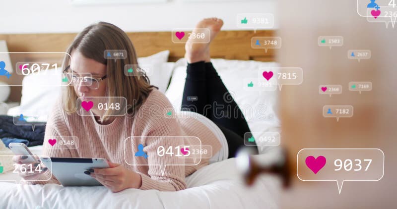 Image of media icons over caucasian woman using smartphone. social media and communication interface concept digitally generated image. Image of media icons over caucasian woman using smartphone. social media and communication interface concept digitally generated image.