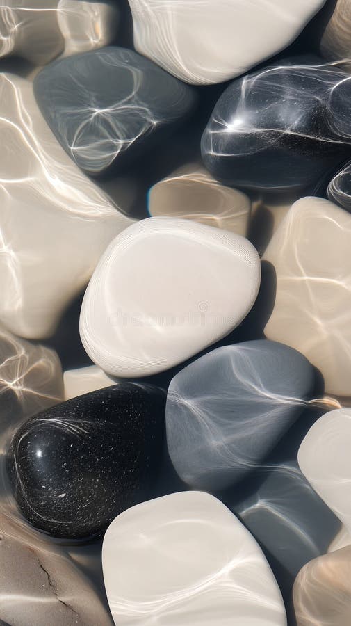 Εικόνα μακροεντολής λείων πέτρας ποταμών διαφορετικών σχημάτων και χρωμάτων που βρίσκονται στο νερό και είναι ορατά πάνω από το επ διανυσματική απεικόνιση