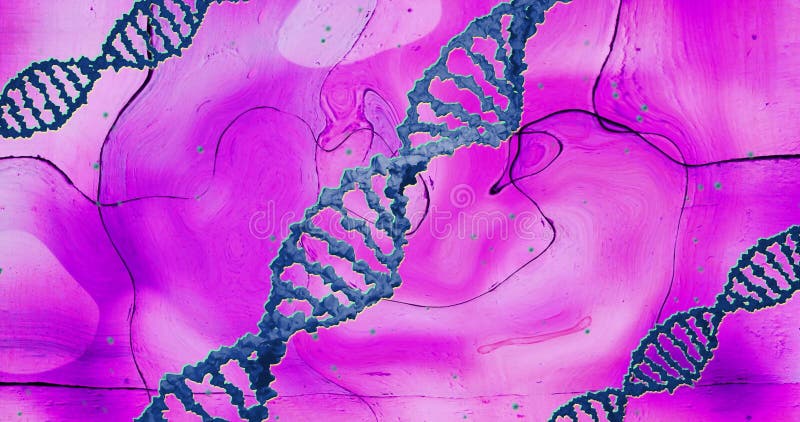 Εικόνα μπλε κλώνων DNA που περιστρέφονται σε ροζ υγρό που κινείται πάνω από πλακάκια ελεύθερη απεικόνιση δικαιώματος