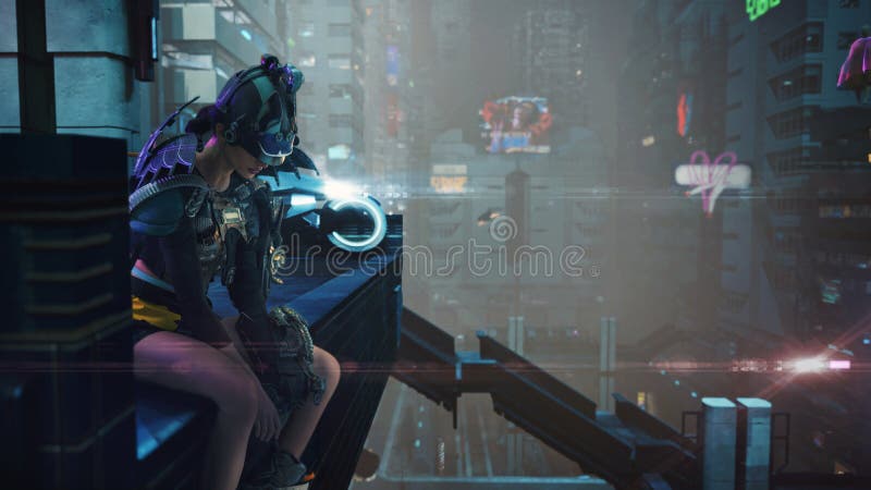 εικόνα στυλ cyberpunk όμορφη καστανή πολεμίστρια στοκ εικόνα
