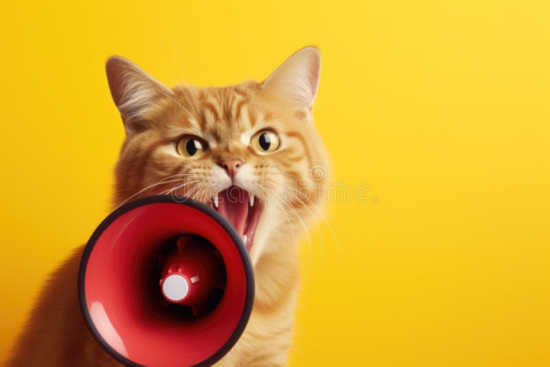 Picture of cat holding red and black megaphone in its mouth. This image can be used to represent communication, announcements, or advertising. AI generated. Picture of cat holding red and black megaphone in its mouth. This image can be used to represent communication, announcements, or advertising. AI generated