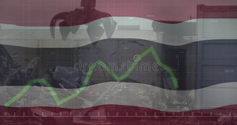 εικόνα της σημαίας της ταϊλάνδης πάνω από την επεξεργασία δεδομένων και την απόρριψη απορριμμάτων στοκ φωτογραφίες