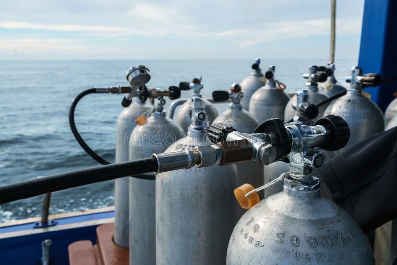 Image of oxygen cylinders for scuba diving, close-up. Image of oxygen cylinders for scuba diving, close-up