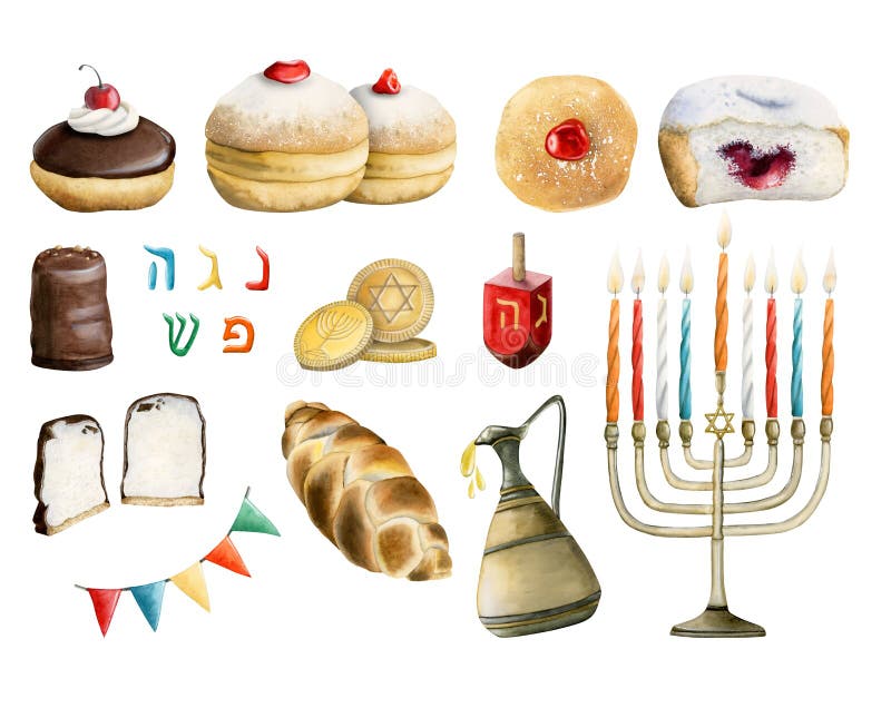 εικόνα υδατογραφήματος hanukkah σχεδιασμένο χέρι απομονωμένο σε λευκό φόντο. εβραϊκά ντόνατ μενόρα κεριά ντρέντιελ σαλάχ διανυσματική απεικόνιση