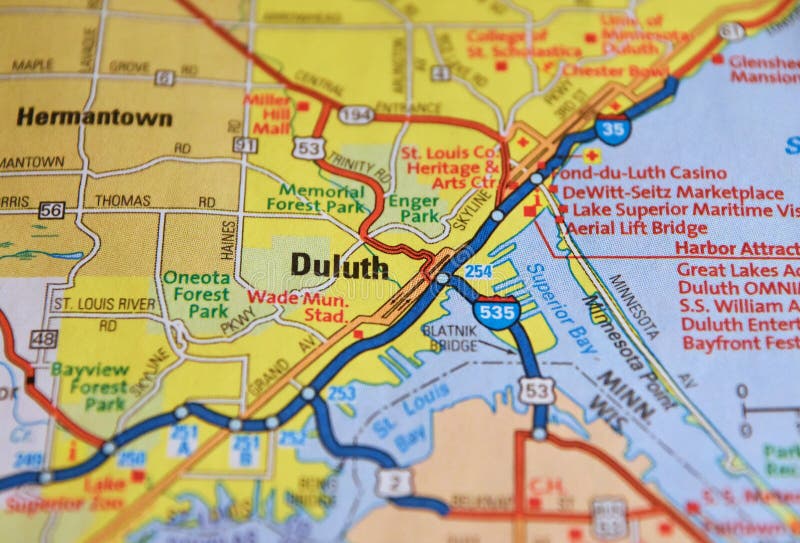 Map Image of Duluth Minnesota (St. Louis County) and Superior Wisconsin (Douglas County). Shows major interstates and highways, landmark, nearby cities. Could represent cartography, travel, navigation, and tourism. Map Image of Duluth Minnesota (St. Louis County) and Superior Wisconsin (Douglas County). Shows major interstates and highways, landmark, nearby cities. Could represent cartography, travel, navigation, and tourism.