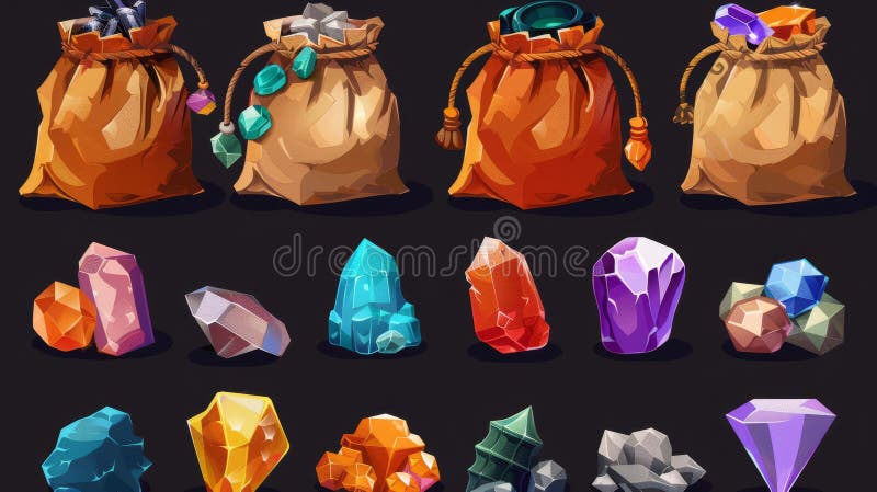 Icons of gem stones in sacks. Crystals in bags, treasure, trophy, pirate loot, level reward. Fantasy assets, GUI elements, mine resources, cartoon modern illustration.. AI generated. Icons of gem stones in sacks. Crystals in bags, treasure, trophy, pirate loot, level reward. Fantasy assets, GUI elements, mine resources, cartoon modern illustration.. AI generated