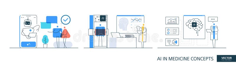 Εικόνες υγειονομικής περίθαλψης AI ρυθμισμένες σε λεπτό στυλ γραμμής. Η ψηφιακή ιατρική αφηρεί έννοιες γραμμικού διανύσματος. Τηλε διανυσματική απεικόνιση