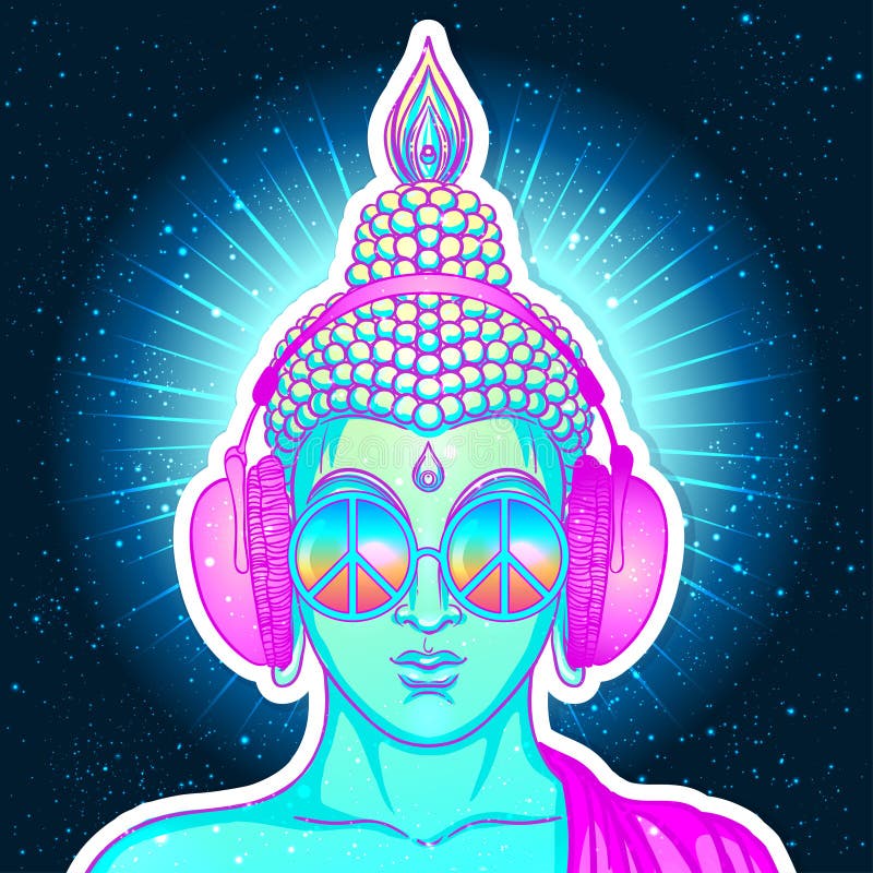 Peace and Love. Colorful Buddha in rainbow glasses listening to the music in headphones. Vector illustration. Hippie peace sign on sunglasses. Psychedelic concept. Buddhism, trance music. Esoteric art. Peace and Love. Colorful Buddha in rainbow glasses listening to the music in headphones. Vector illustration. Hippie peace sign on sunglasses. Psychedelic concept. Buddhism, trance music. Esoteric art