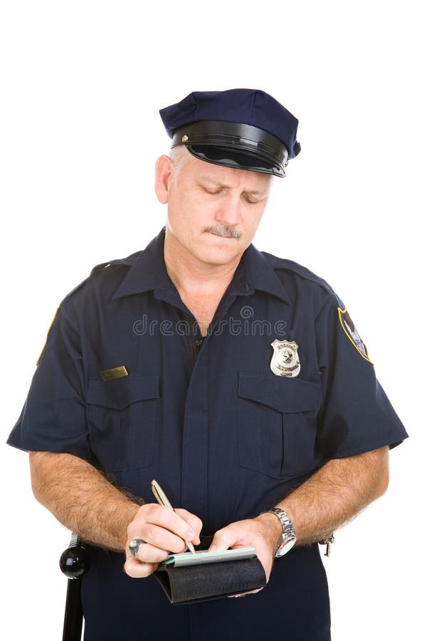 Police officer filling out parking ticket. Isolated on white. Police officer filling out parking ticket. Isolated on white.