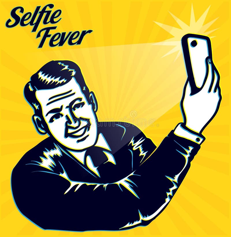 Εκλεκτής ποιότητας αναδρομικό clipart: Πυρετός Selfie! Το άτομο παίρνει ένα selfie με τη κάμερα smartphone διανυσματική απεικόνιση Εκλεκτής ποιότητας αναδρομικό clipart: Πυρετός Selfie! Το άτομο παίρνει ένα selfie με τη κάμερα smartphone διανυσματική απεικόνιση