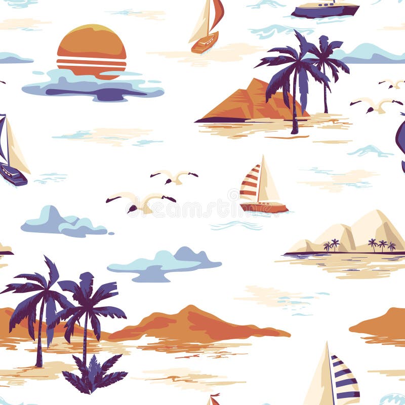 Vintage Beautiful seamless island pattern on white background. Landscape with palm trees, yacht, beach and ocean vector hand drawn style. Vintage Beautiful seamless island pattern on white background. Landscape with palm trees, yacht, beach and ocean vector hand drawn style