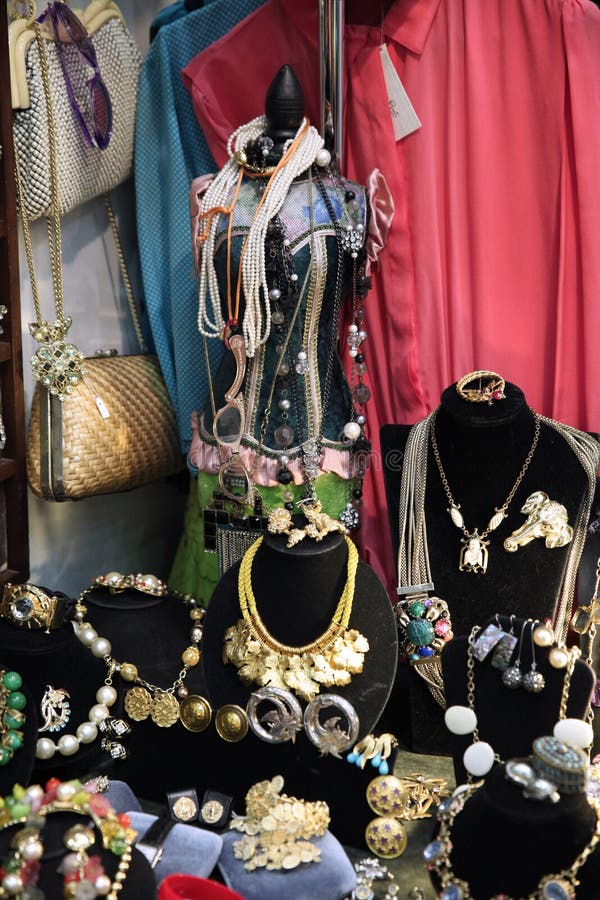 Showcase with vintage women`s jewelry at the flea market. Moscow. 16.05.2018. Showcase with vintage women`s jewelry at the flea market. Moscow. 16.05.2018