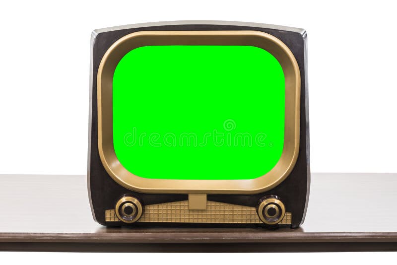 Vintage 1950s television on table isolated on white with chroma key green screen and clipping path. Vintage 1950s television on table isolated on white with chroma key green screen and clipping path.