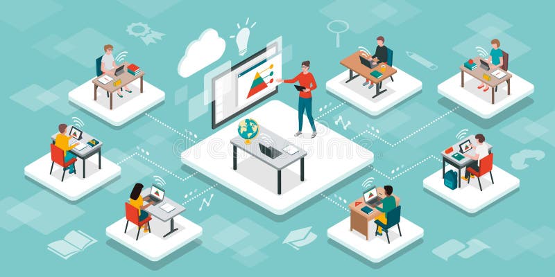 εκπαίδευση online και εικονική αίθουσα διδασκαλίας διανυσματική απεικόνιση