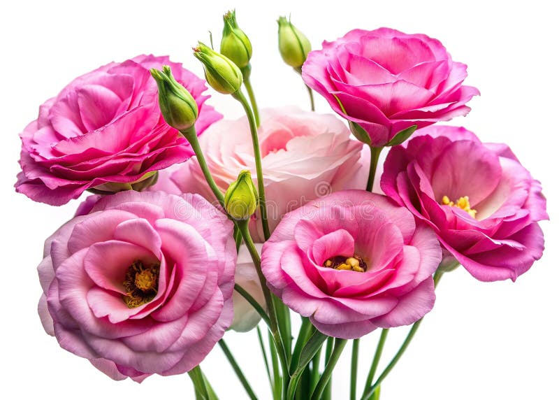 Εκπληκτικά ροζ λουλούδια Eustoma που δημιουργήθηκαν με AI: Φωτορεαλιστικό κοντινό πλάνο λεπτών ανθών σε ένα απαλό λευκό φόντο στο διανυσματική απεικόνιση