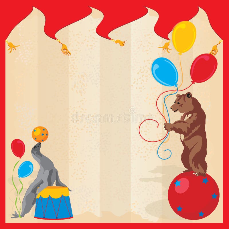 Performing Seal and Bear welcome you to a antiqued Circus themed birthday party with faded tent stripes background. Cute little seal balances a ball while a baby bear holds balloons and balances on a big red ball with the age of your child. Performing Seal and Bear welcome you to a antiqued Circus themed birthday party with faded tent stripes background. Cute little seal balances a ball while a baby bear holds balloons and balances on a big red ball with the age of your child