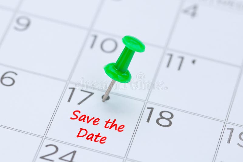 Save the Date written on a calendar with a green push pin to remind you and important appointment. Save the Date written on a calendar with a green push pin to remind you and important appointment.