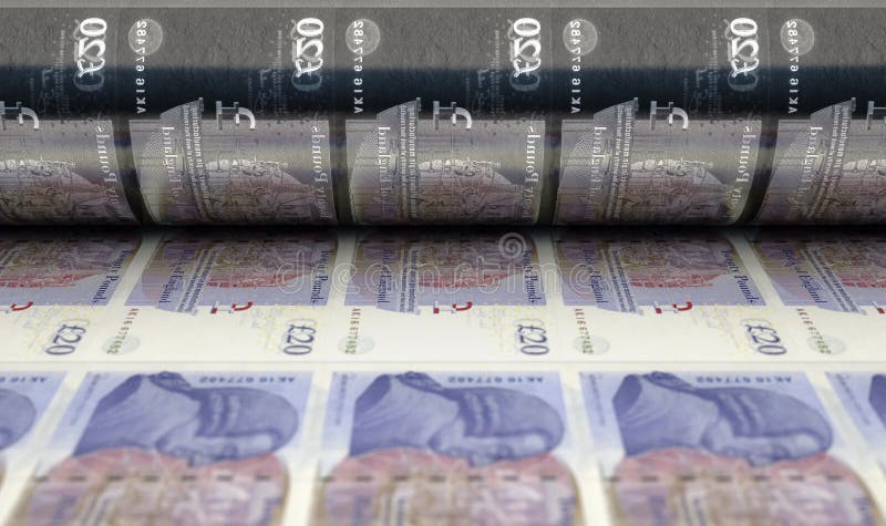 A concept image showing a sheet of british pound notes going through a roller in its final phase of a print run - 3D render. A concept image showing a sheet of british pound notes going through a roller in its final phase of a print run - 3D render