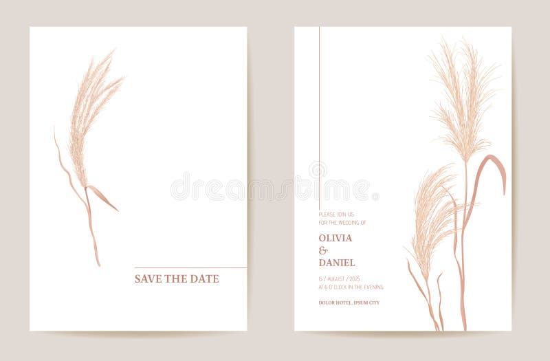 ελάχιστη κάρτα για πρόσκληση γάμου pampas grass. φθινοπωρινό διάνυσμα προτύπου υδατογραφήματος. βοτανική αποθήκευση της ημερομηνία διανυσματική απεικόνιση