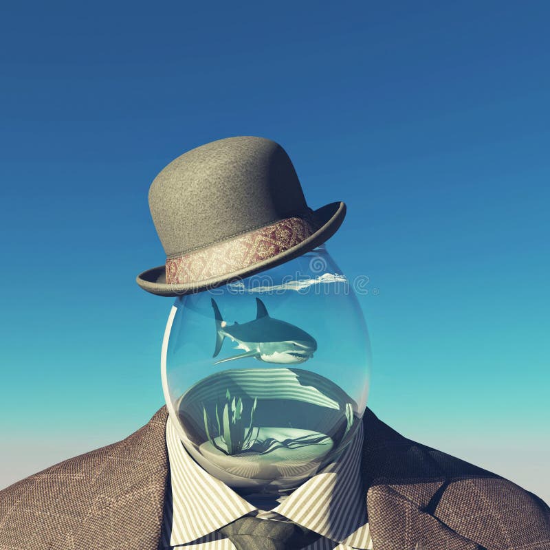 Headless businessman with a shark in a bowl . Confidence and fearless concept. Headless businessman with a shark in a bowl . Confidence and fearless concept