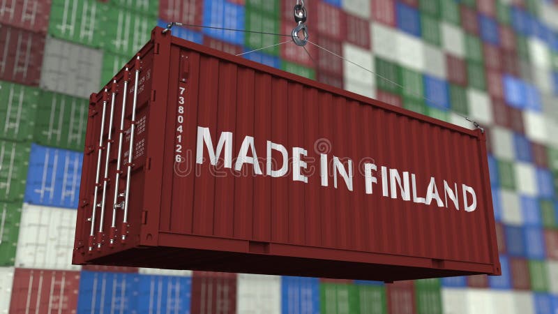 Container with MADE IN FINLAND caption. Finnish import or export related 3D. Container with MADE IN FINLAND caption. Finnish import or export related 3D