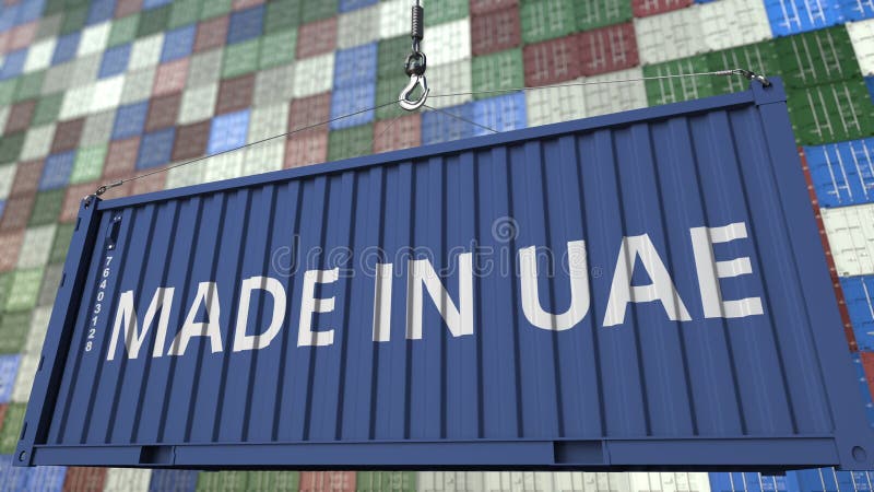 Container with MADE IN UAE caption. United Arab Emirates import or export related 3D. Container with MADE IN UAE caption. United Arab Emirates import or export related 3D