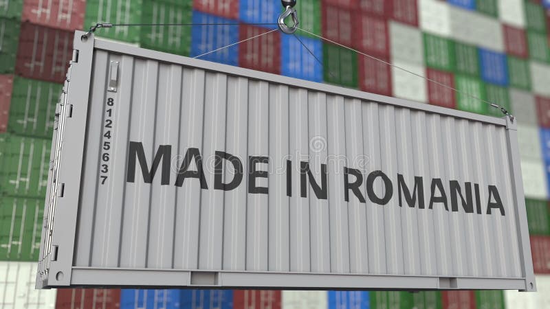 Loading container with MADE IN ROMANIA caption. Romanian import or export related 3D. Loading container with MADE IN ROMANIA caption. Romanian import or export related 3D