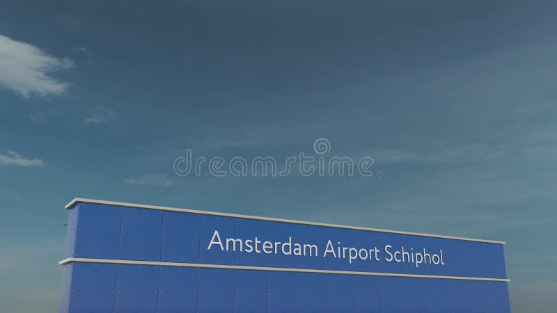 Εμπορικό αεροπλάνο που προσγειώνεται στην τρισδιάστατη εννοιολογική 4K ζωτικότητα Schiphol αερολιμένων του Άμστερνταμ
