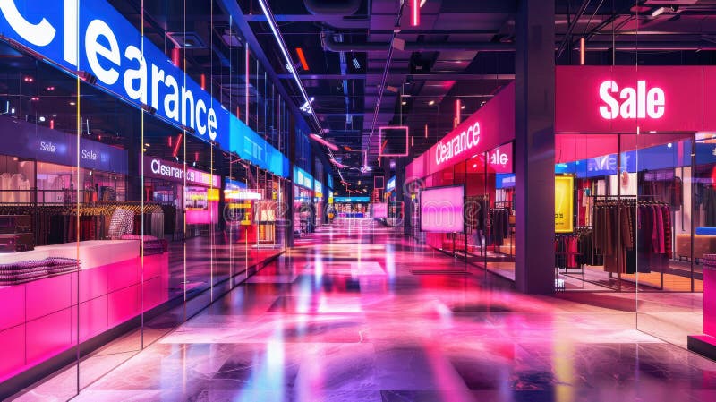 εμπορικό κέντρο neonlit με έντονα πανό πώλησης διανυσματική απεικόνιση