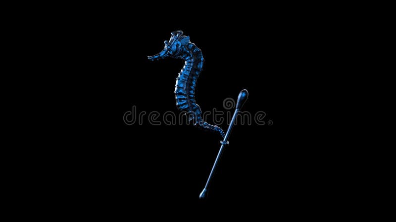 Render sculpt 3d Side view of a Common blue metal Seahorse with swabs. Stop ocean plastic pollution. Composed of white plastic waste bag, bottle on black dark background. Plastic problem. Render sculpt 3d Side view of a Common blue metal Seahorse with swabs. Stop ocean plastic pollution. Composed of white plastic waste bag, bottle on black dark background. Plastic problem
