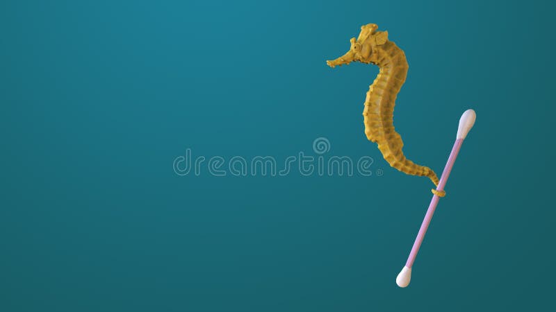 Render sculpt 3d Side view of a Common yellow Seahorse with swabs. Stop ocean plastic pollution. Composed of white plastic waste bag, bottle on blue background. Plastic problem. Render sculpt 3d Side view of a Common yellow Seahorse with swabs. Stop ocean plastic pollution. Composed of white plastic waste bag, bottle on blue background. Plastic problem