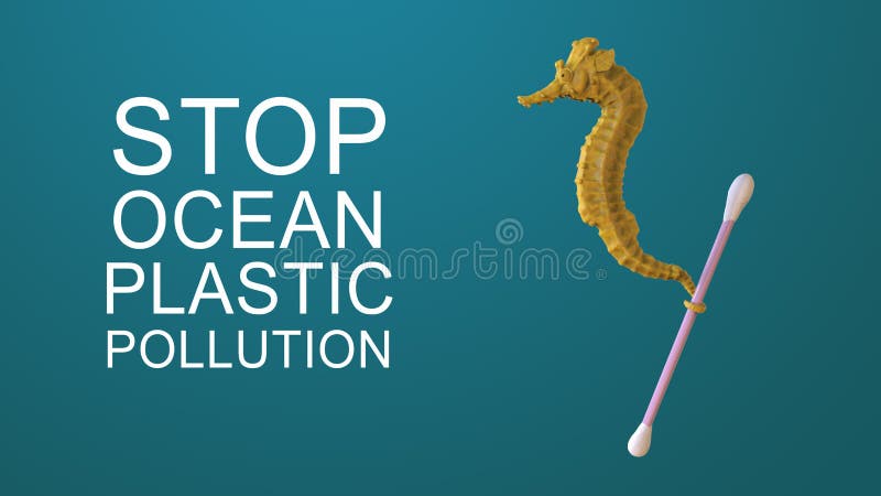 Render sculpt 3d Side view of a Common yellow Seahorse with swabs. Stop ocean plastic pollution. Composed of white plastic waste bag, bottle on blue background. Plastic problem. Render sculpt 3d Side view of a Common yellow Seahorse with swabs. Stop ocean plastic pollution. Composed of white plastic waste bag, bottle on blue background. Plastic problem