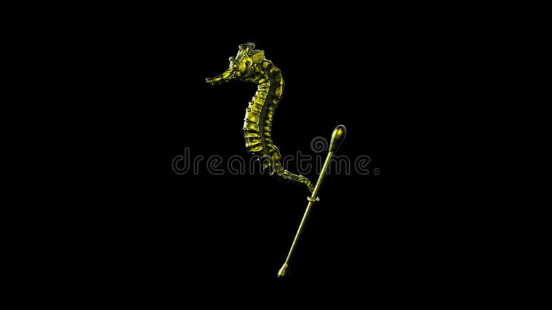 Render sculpt 3d Side view of a Common yellow metal Seahorse with swabs. Stop ocean plastic pollution. Composed of white plastic waste bag, bottle on black dark background. Plastic problem. Render sculpt 3d Side view of a Common yellow metal Seahorse with swabs. Stop ocean plastic pollution. Composed of white plastic waste bag, bottle on black dark background. Plastic problem