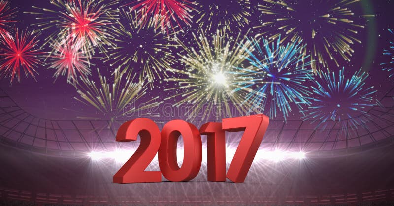 2017 ενάντια σε μια σύνθετη εικόνα τρισδιάστατη των πυροτεχνημάτων στο στάδιο απεικόνιση αποθεμάτων 2017 ενάντια σε μια σύνθετη εικόνα τρισδιάστατη των πυροτεχνημάτων στο στάδιο απεικόνιση αποθεμάτων