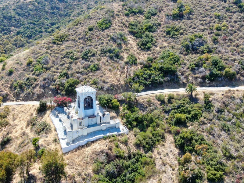 Aerial view of Catalina Chimes Tower, Spanish-style tower built in 1925. Avalon Bay in Santa Catalina Island, tourist attraction in Southern California, USA. Aerial view of Catalina Chimes Tower, Spanish-style tower built in 1925. Avalon Bay in Santa Catalina Island, tourist attraction in Southern California, USA