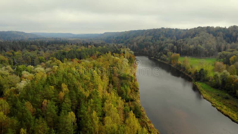 εναέρια άποψη πολύχρωμων φθινοπωρινών δασών και ποταμών gauja. λετονία σίγουλντα