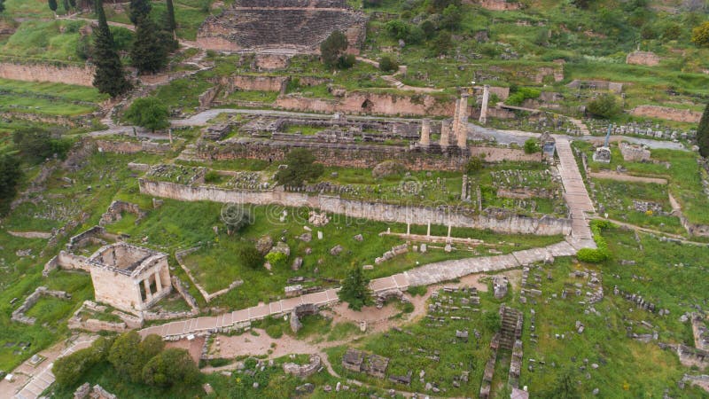 Aerial view of archaeological site of ancient Delphi, site of temple of Apollo and the Oracle, Voiotia, Greece. Aerial view of archaeological site of ancient Delphi, site of temple of Apollo and the Oracle, Voiotia, Greece