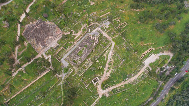 Aerial view of archaeological site of ancient Delphi, site of temple of Apollo and the Oracle, Voiotia, Greece. Aerial view of archaeological site of ancient Delphi, site of temple of Apollo and the Oracle, Voiotia, Greece